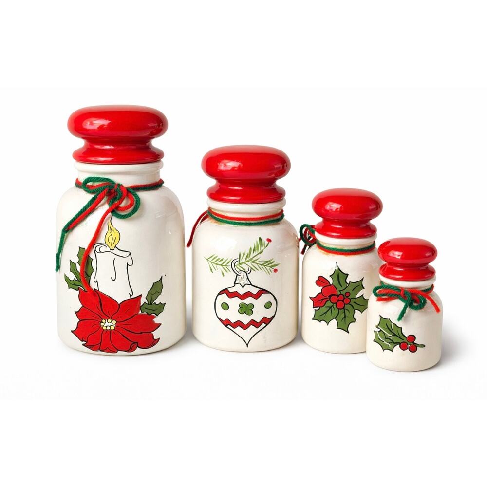 Christmas Canister Set Ceramic Holiday Jars  Lid Poinsettia Holly Decor Set of 4